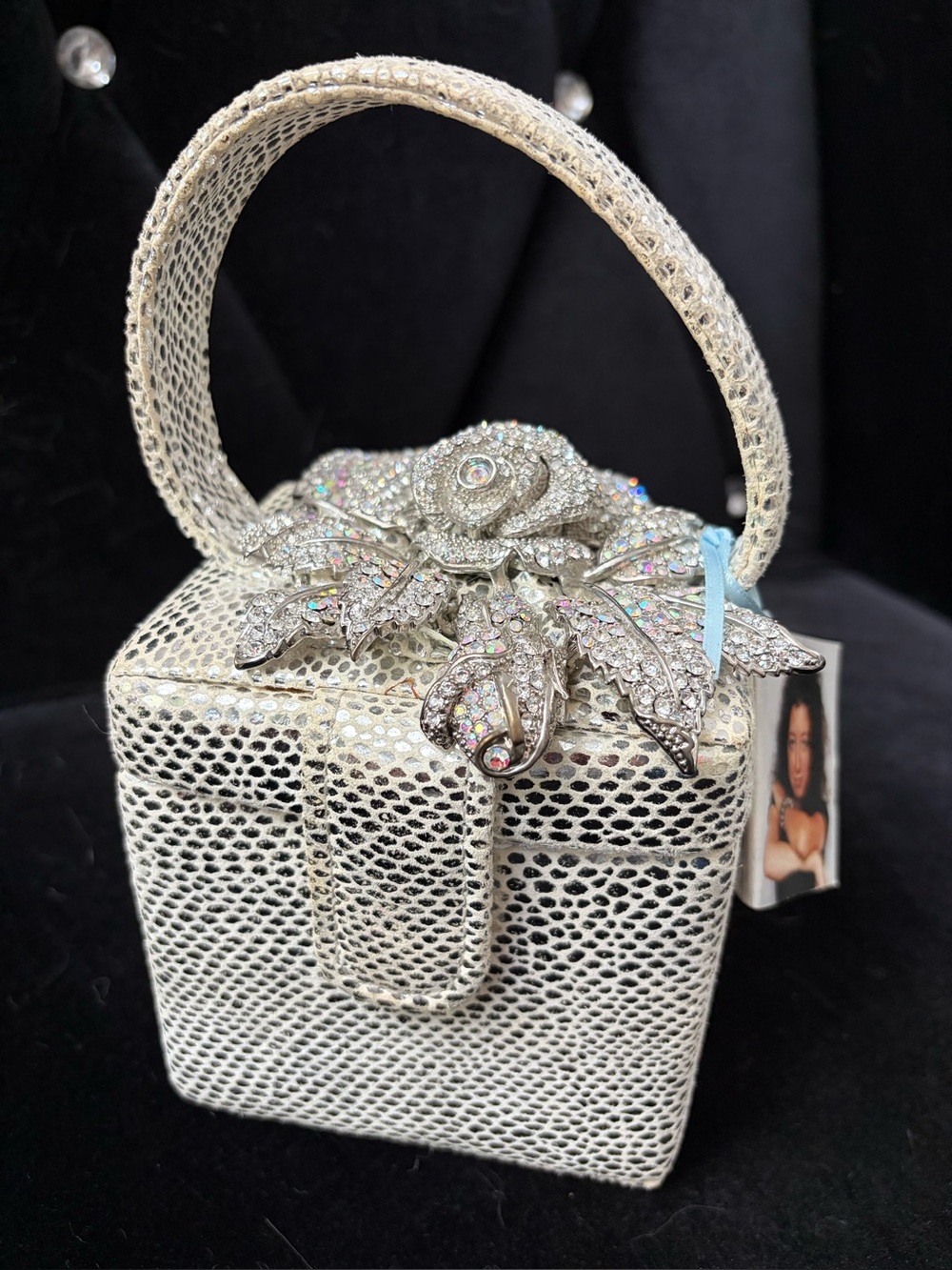 Elegant Crystal Flower -  Silver/White Evening Top-Handle Bag